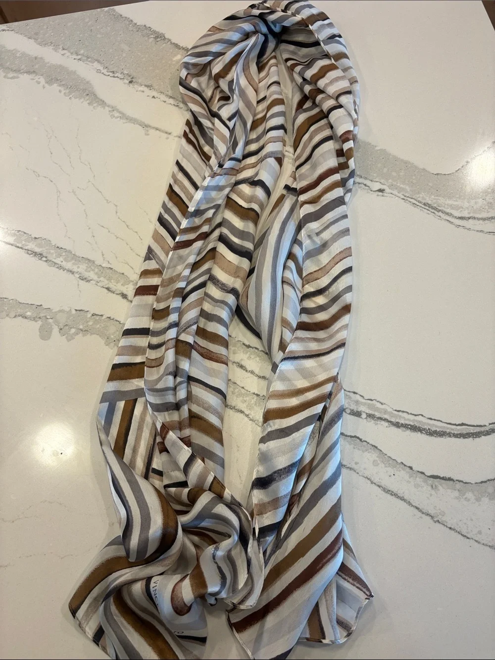 Vince Camuto Striped Asymmetrical Midi Scarf  in White, Brown & Gray 66 by 17